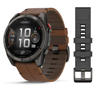 Смарт-часы Garmin Fenix 8 Pro, 51 мм, 26 мм, LTE, Carbon Grey Chestnut Leather, темно-серый